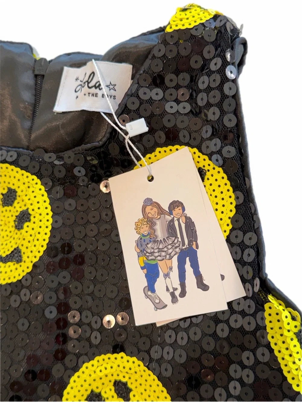 Lola + the Boys Don’t Worry Be Happy Dress Black Sequin Smiley Face